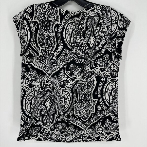 Talbots Paisley Blouse Top Cap Sleeve Satin Boat Neck Black White Work Classic - Picture 2 of 7